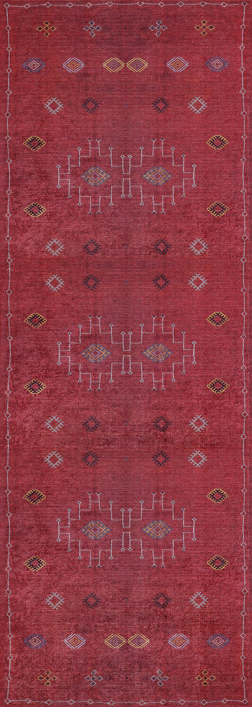 Load image 1 in gallery view. The Nomadic Journey - Washable Rug - JR5080 is a long red rug with a distressed look, featuring yellow, white, and blue geometric patterns, including white lines and diamond shapes. Durable for high-traffic areas and easy to clean.