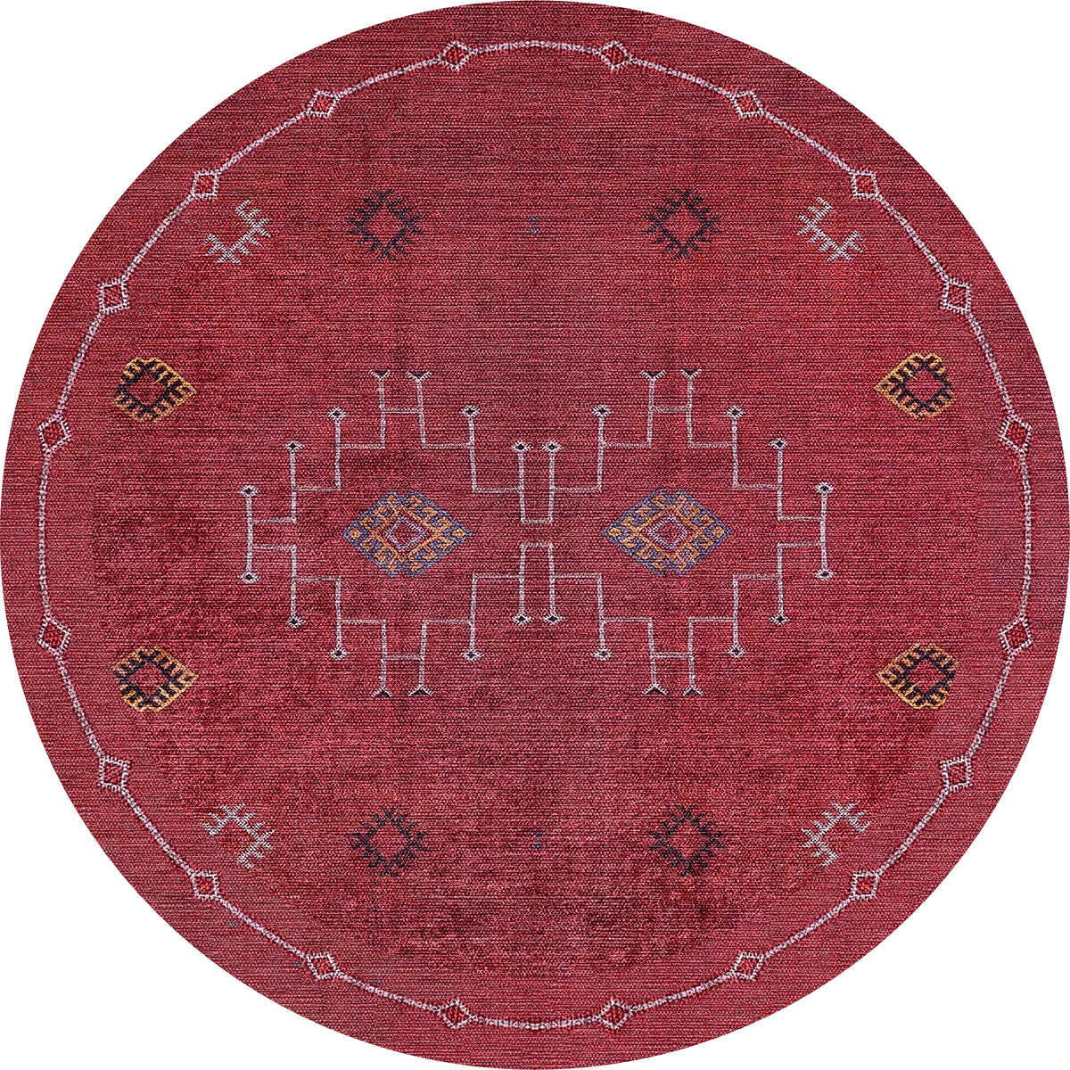 The Nomadic Journey - Washable Rug - JR5080 is a round, red rug featuring geometric patterns and small yellow, white, blue, and black motifs—symmetrically arranged and ideal for high-traffic areas.
