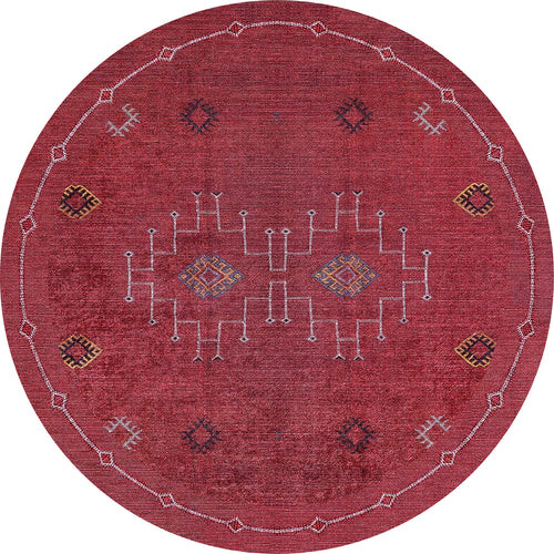 Load image 1 in gallery view. The Nomadic Journey - Washable Rug - JR5080 is a round, red rug featuring geometric patterns and small yellow, white, blue, and black motifs—symmetrically arranged and ideal for high-traffic areas.