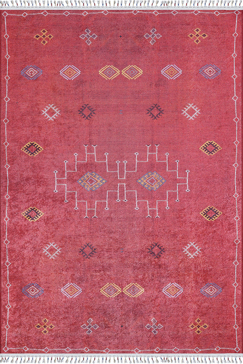 Load image 1 in gallery view. The Nomadic Journey - Washable Rug - JR5080 (Custom Size) is a red flat-weave rug with yellow, white, and orange geometric diamond and grid patterns, white fringe, and a white border—perfect for stylish, high-traffic spaces.