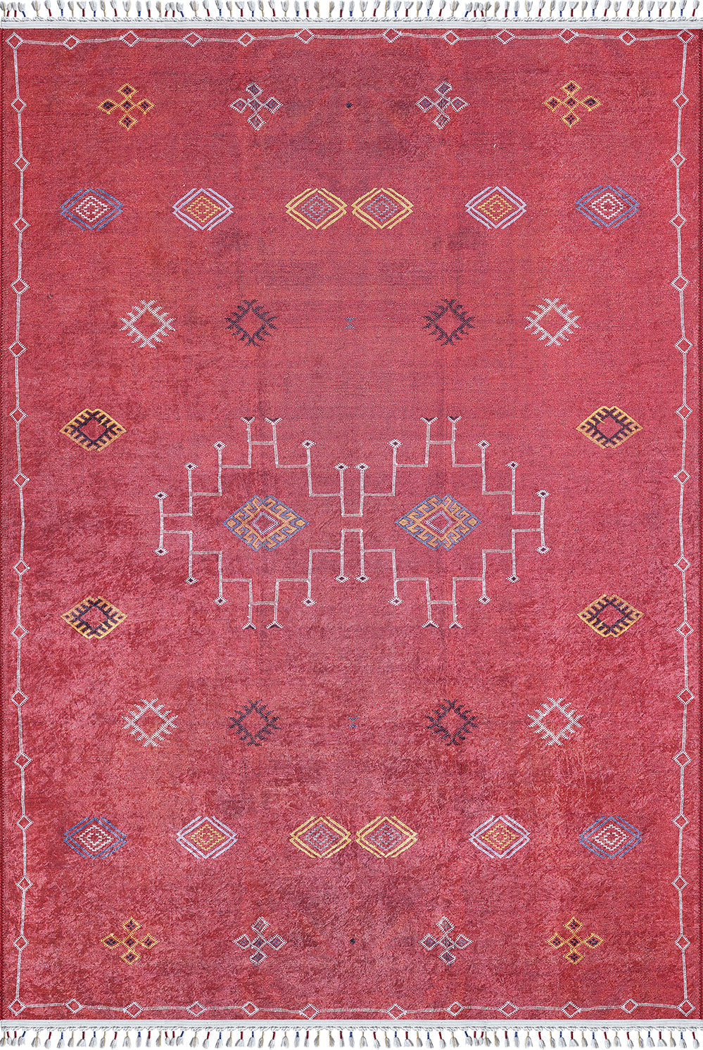 The Nomadic Journey - Washable Rug - JR5080 (Custom Size) is a red flat-weave rug with yellow, white, and orange geometric diamond and grid patterns, white fringe, and a white border—perfect for stylish, high-traffic spaces.