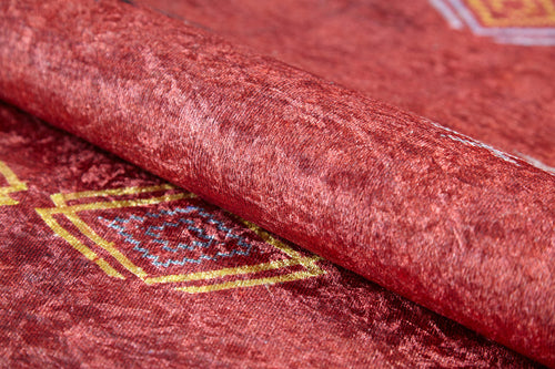 Load image 1 in gallery view. A close-up of the Nomadic Journey - Washable Rug - JR5080 (Custom Size), featuring soft red texture and yellow and blue geometric diamond patterns—ideal for high-traffic areas and easy to clean.