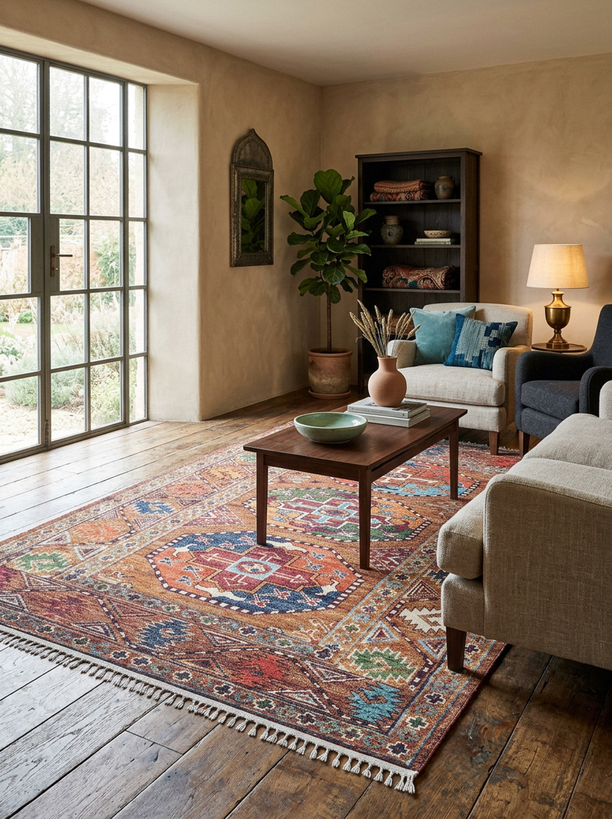 A cozy living room with natural light, wooden floors, a Nomadic Oasis - Washable Rug - JR5086 perfect for high-traffic areas, beige sofas, a coffee table, a potted plant, bookshelf, and a lit table lamp by large windows.