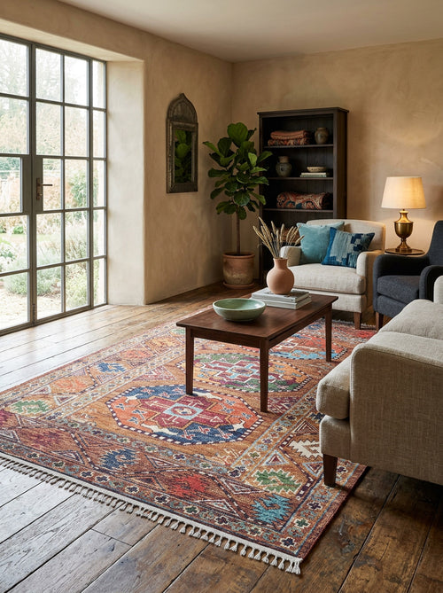 Load image 1 in gallery view. A cozy living room with a large Nomadic Oasis - Washable Rug - JR5086 (Custom Size), two beige sofas, a wooden coffee table with a vase, a potted plant, books and ceramics on a shelf, a lamp, and large windows filling the space with natural light.