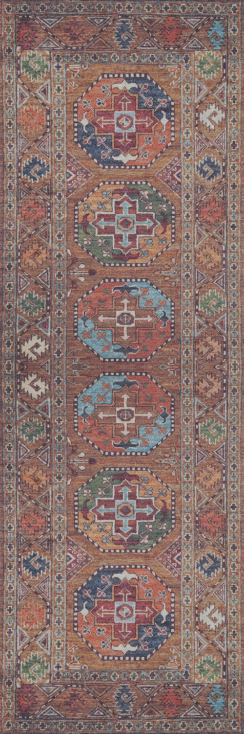 Load image 1 in gallery view. The Nomadic Oasis - Washable Rug - JR5086 features a traditional flat weave with geometric patterns in red, brown, blue, white, and green. Its central hexagonal medallions and angular motif border create an intricate, symmetrical design.