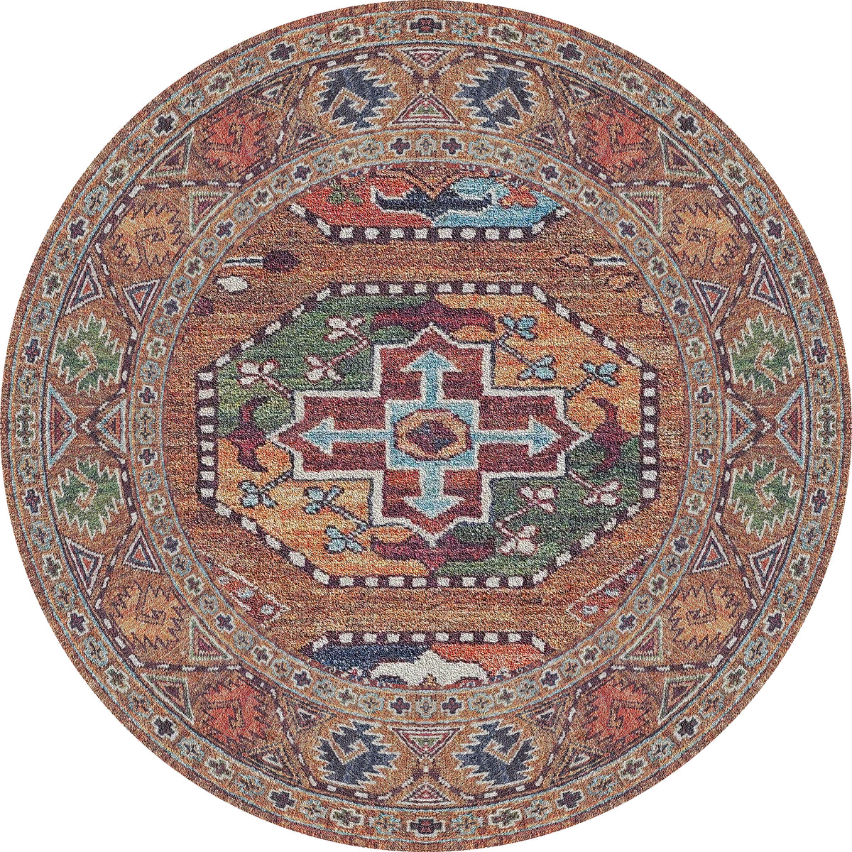 The Nomadic Oasis - Washable Rug - JR5086 is a round, flat weave rug with a central medallion and intricate geometric and floral patterns in bronze, brown, orange, green, blue, and cream.