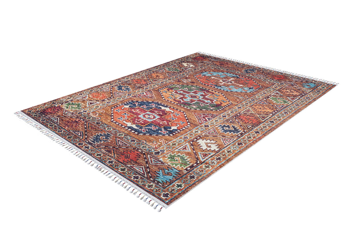 The Nomadic Oasis - Washable Rug - JR5086 (Custom Size) is a rectangular, multicolored Persian-style rug with geometric patterns and fringed edges, ideal for allergy-sensitive homes and high-traffic areas, shown on a white background.