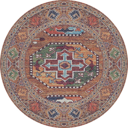 Load image 1 in gallery view. The Nomadic Oasis - Washable Rug - JR5086 (Custom Size) features intricate geometric and ornate designs in earthy brown, green, and orange with a central medallion—perfect for high-traffic areas.