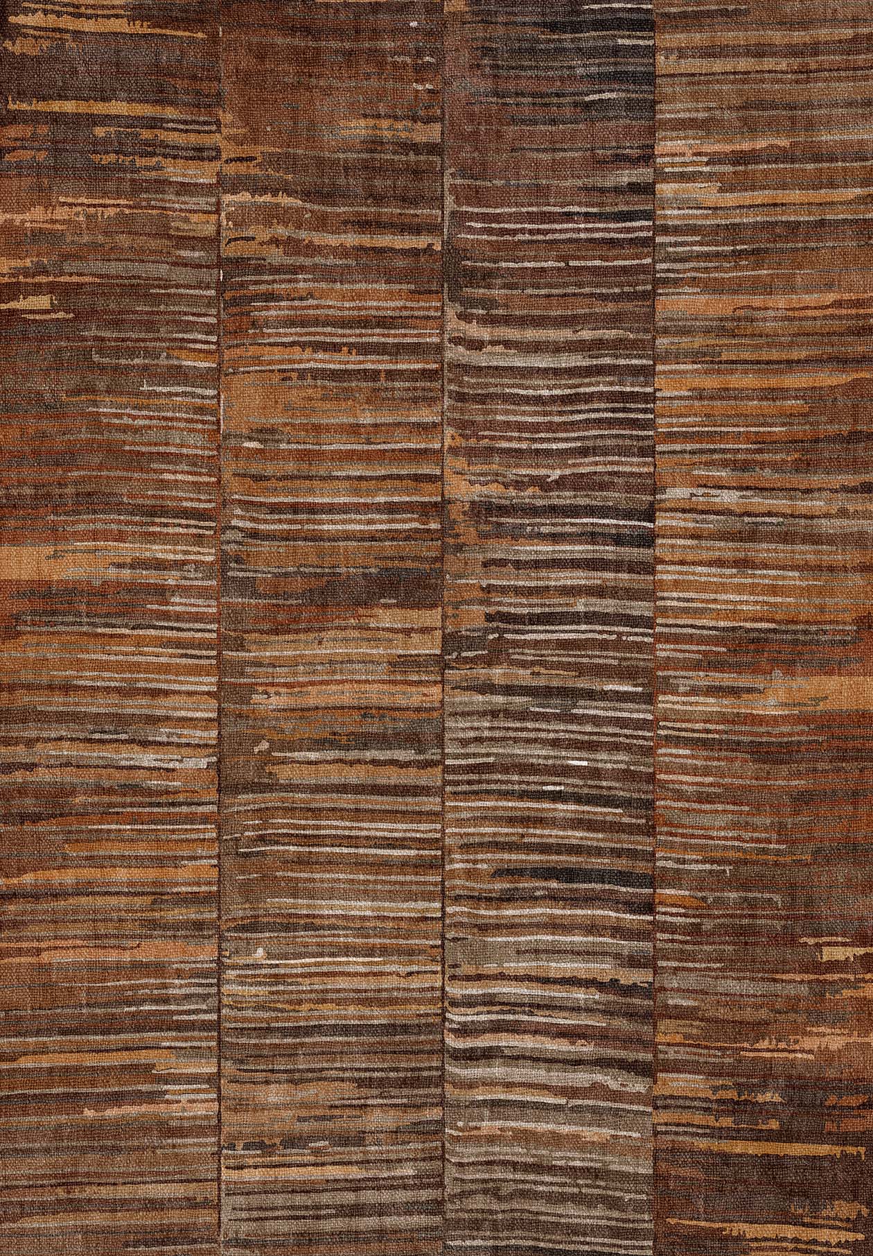The Nostalgic Weft - Washable Rug - JRN33 is a durable brown area rug with striped patterns in shades of brown, tan, and beige, divided into three vertical wavy sections—ideal for high-traffic areas and adding textured style to any room.
