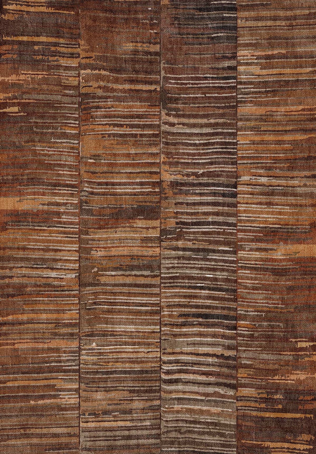 The Nostalgic Weft - Washable Rug - JRN33 is a durable brown area rug with striped patterns in shades of brown, tan, and beige, divided into three vertical wavy sections—ideal for high-traffic areas and adding textured style to any room.