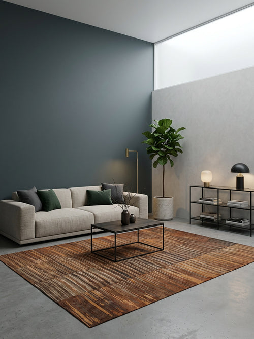 Bild 1 in Galerieansicht laden. A modern living room featuring the Nostalgic Weft - Washable Rug - JRN33, a light gray sofa with green pillows, wooden coffee table, blue and white walls, plants, and sleek black metal shelf—all allergy-friendly and ideal for busy spaces.