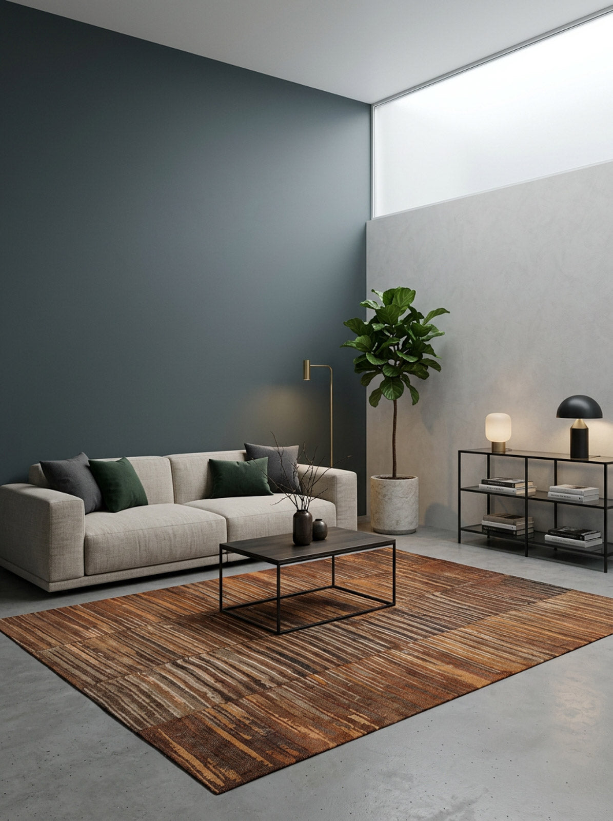 A modern living room with a light gray sofa, green cushions, a rectangular coffee table, the Nostalgic Weft - Washable Rug - JRN33 (Custom Size) for high-traffic areas, a tall potted plant, minimalist shelves, and soft natural window light.