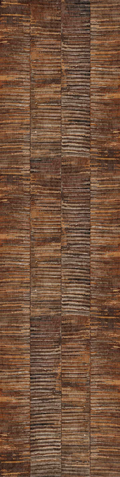 Bild 1 in Galerieansicht laden. Close-up of the Nostalgic Weft - Washable Rug - JRN33, featuring a textured pattern of horizontal lines and rectangular panels in brown tones, offering a rustic, tiled look ideal for high-traffic spaces.