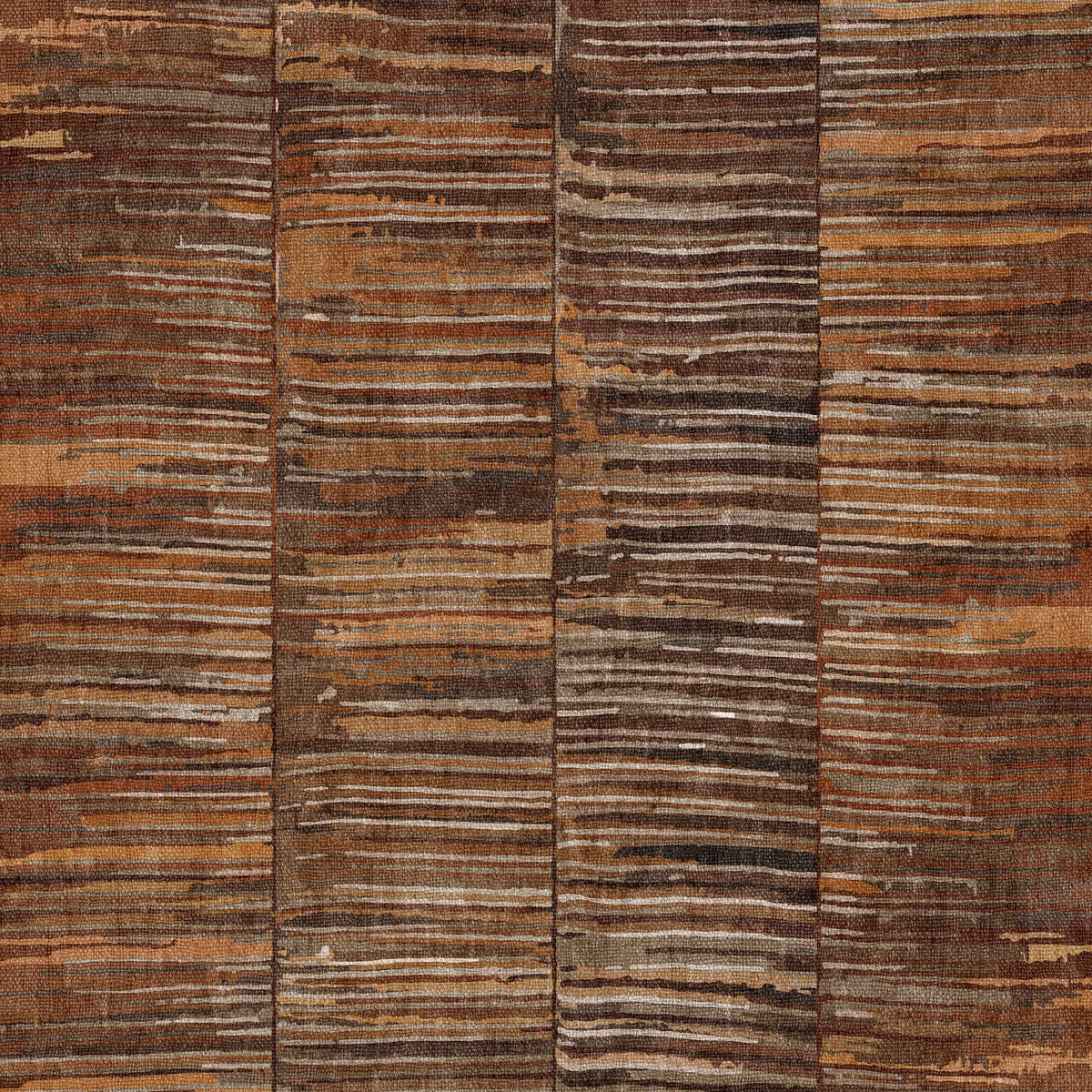 Close-up of Nostalgic Weft - Washable Rug - JRN33 (Custom Size), featuring vertical brown panels with irregular horizontal streaks for a rustic, weathered wood look—ideal for contemporary interiors or high-traffic areas.