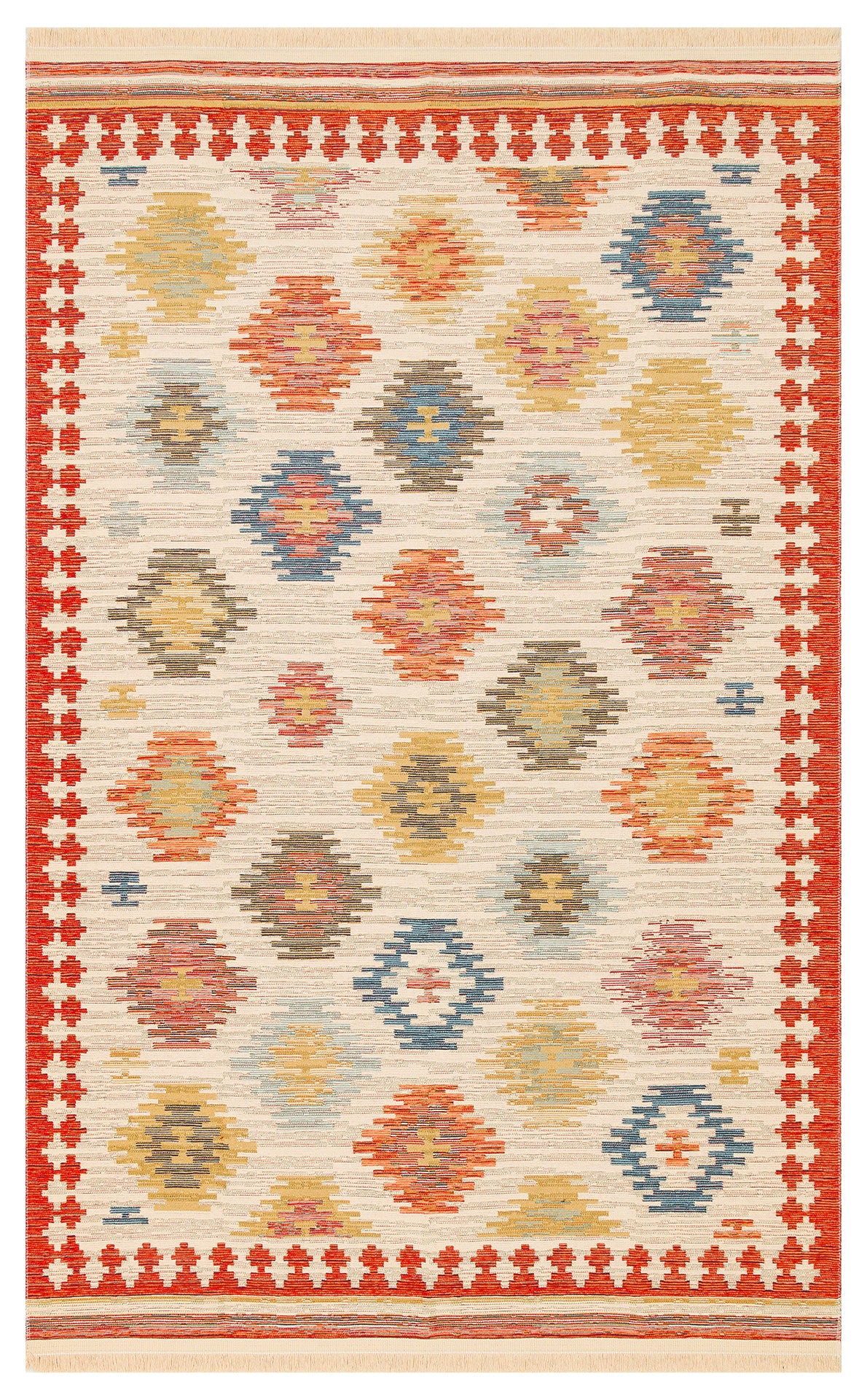 The Ocean Form - Washable Reversible Kilim (NMD04) has a cream base with colorful diamond patterns, a bold blue tribal design, a striking red border with white stepped motifs, and is easy to clean as it's washable.
