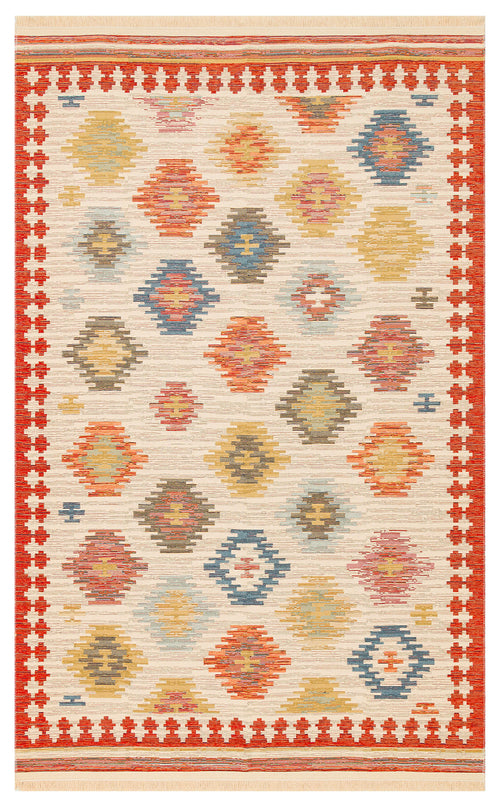 Bild 1 in Galerieansicht laden. The Ocean Form - Washable Reversible Kilim (NMD04) has a cream base with colorful diamond patterns, a bold blue tribal design, a striking red border with white stepped motifs, and is easy to clean as it's washable.