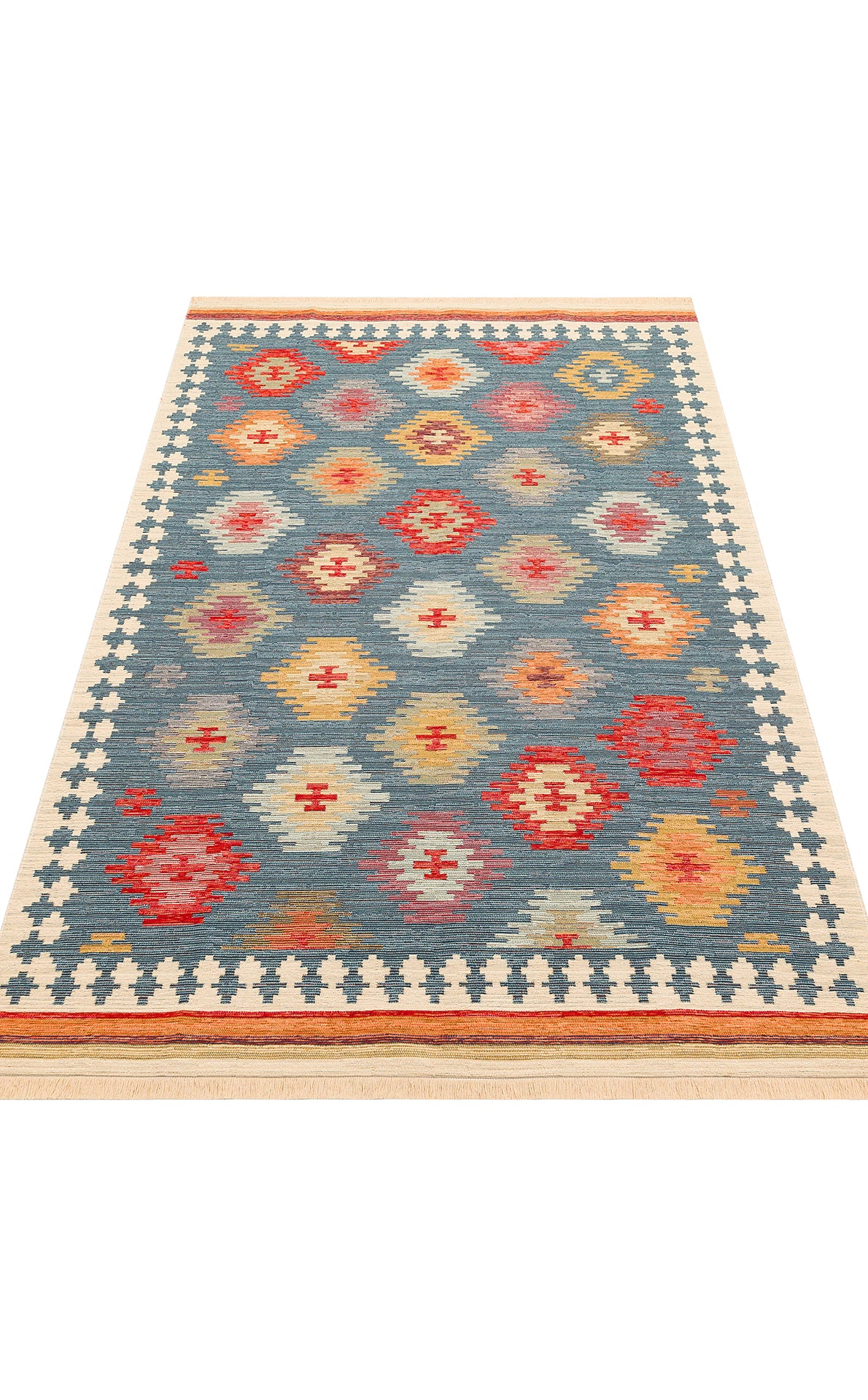 The Ocean Form - Washable Reversible Kilim - NMD04 features a rectangular blue tribal design with geometric diamond patterns in red, yellow, and orange on a blue background, bordered by cream and black. Stylish, practical, and easy to clean.