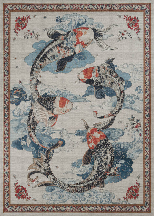 Load image 1 in gallery view. The Ocean Myth - Washable Rug - JRS018 features four koi fish swimming in a circle with blue swirling water, clouds, red floral accents, and a decorative geometric border. Perfect for modern spaces in blue, red, and beige tones.