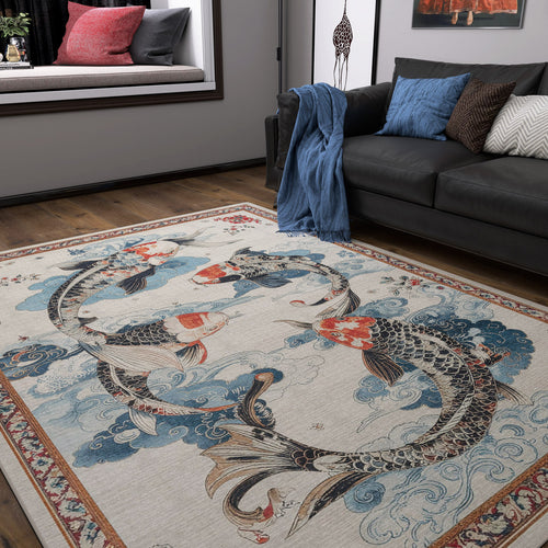 Load image 1 in gallery view. A living room features a gray sofa with blue and white pillows, a blue throw, and the Ocean Myth - Washable Rug - JRS018 showcasing two large koi fish in swirling blue water. A window seat with cushions adds to the modern interior.
