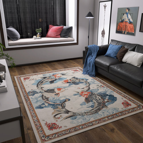 Load image 1 in gallery view. A modern living room features a dark sofa, blue throw, colorful pillows by the window seat, and the Ocean Myth - Washable Rug - JRS018 with koi fish motifs. Artworks and a tall lamp add style to this contemporary interior.