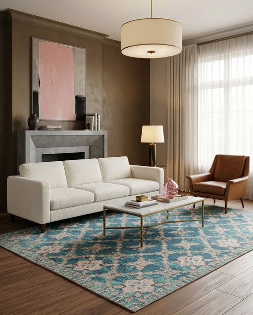 Load image 1 in gallery view. Modern living room with a white sofa, brown armchair, marble coffee table, Ocean Trellis Area Rug APX1942, floor lamp, large abstract art, fireplace, and natural light streaming through a window with sheer curtains.