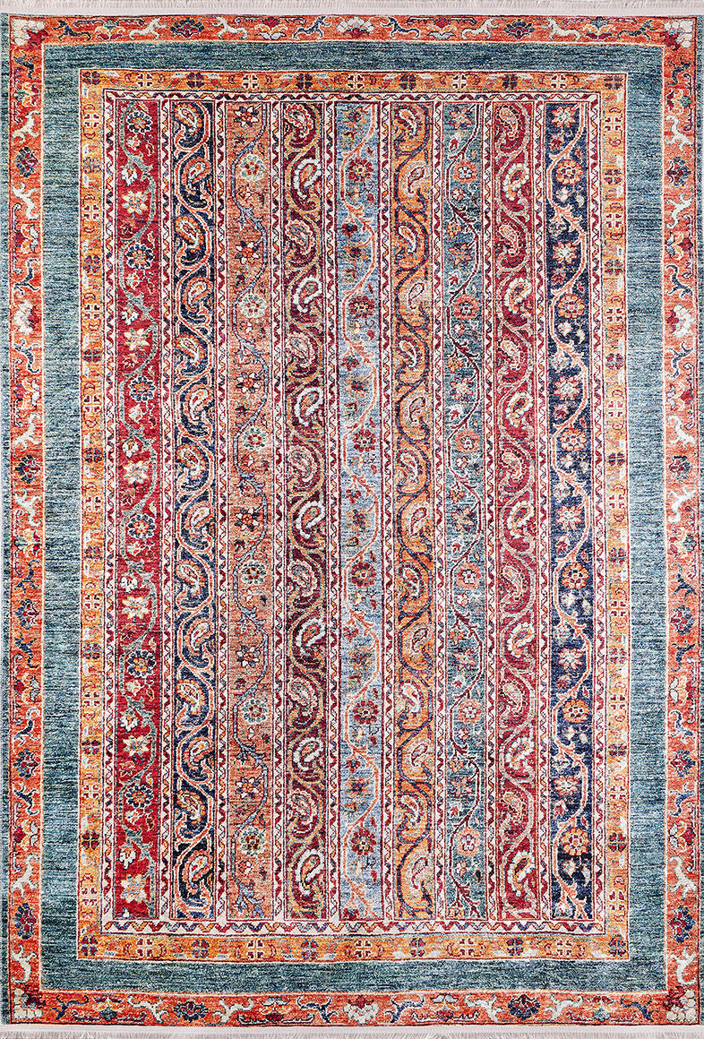 The Old-World Elegance - Washable Rug - JR38 (Custom Size) features a Persian-inspired flat weave with vertical red, blue, gold, and cream stripes adorned with floral and paisley motifs, finished with a traditional decorative border.