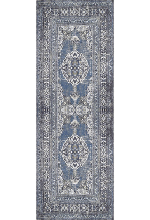 Load image 1 in gallery view. The Opulent Beauty - Washable Rug - JR1932 is a rectangular blue rug with an intricate symmetrical pattern in blue, white, and gray, featuring central medallions and ornate borders—ideal for high-traffic areas.