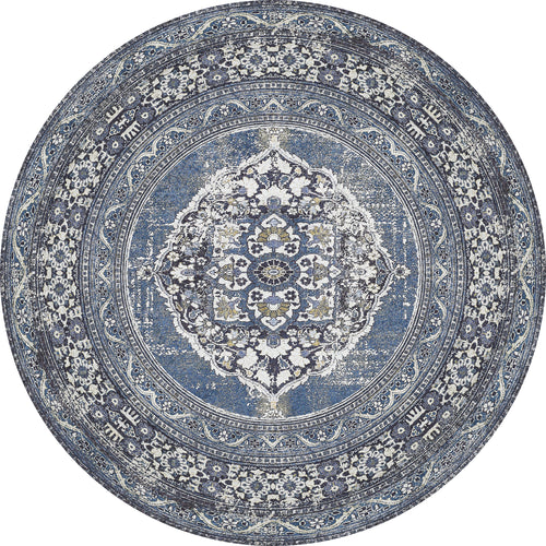 Load image 1 in gallery view. The Opulent Beauty - Washable Rug - JR1932 is a round blue rug with an intricate floral medallion pattern, detailed border, and vintage distressed look. It's washable for easy care—ideal for high-traffic areas.