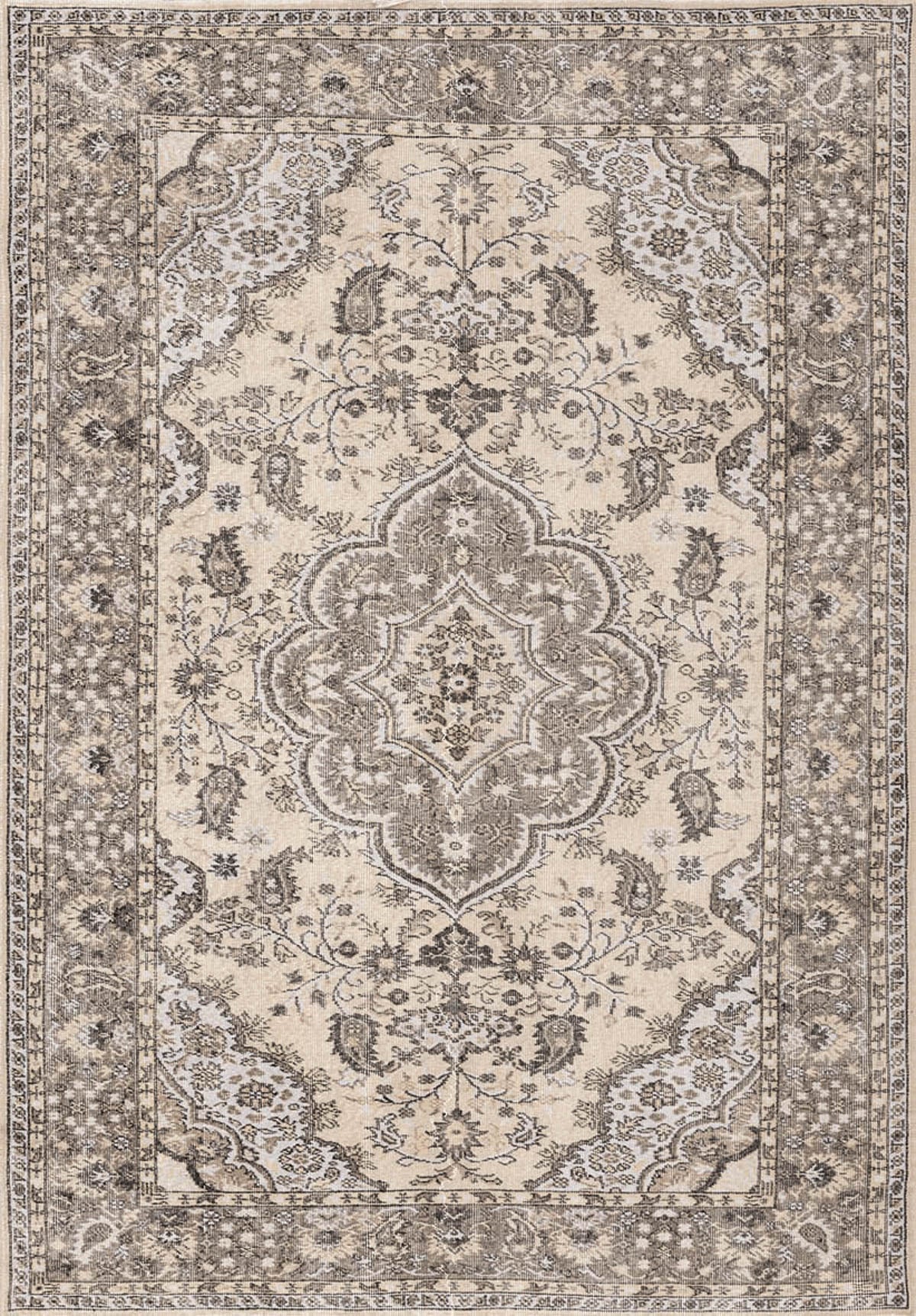The Opulent Mirage washable rug (JRN1008) features a rectangular beige and brown Persian-inspired design with intricate floral patterns, ornate borders, and a medallion motif that adds timeless elegance to any traditional décor.