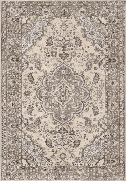 Load image 1 in gallery view. The Opulent Mirage washable rug (JRN1008) features a rectangular beige and brown Persian-inspired design with intricate floral patterns, ornate borders, and a medallion motif that adds timeless elegance to any traditional décor.