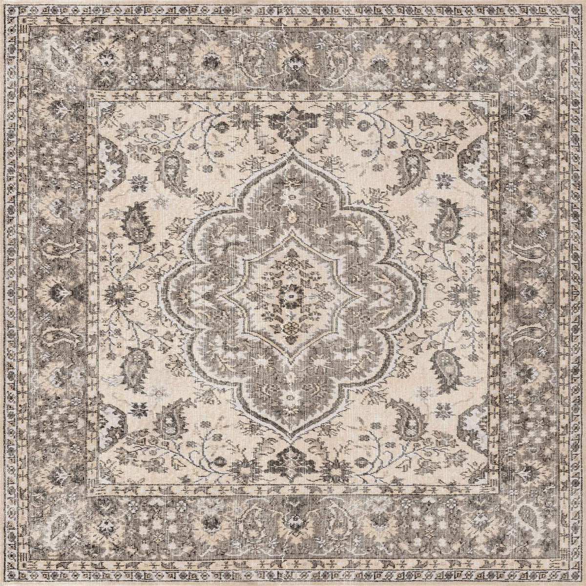 The Opulent Mirage - Washable Rug - JRN1008 features an ornate, traditional floral pattern in beige, cream, and gray with a central medallion and intricate vine borders—ideal for classic interiors.