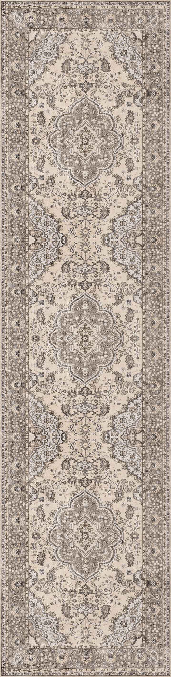 The Opulent Mirage - Washable Rug (JRN1008) is a long, rectangular rug with traditional beige, cream, and brown floral and geometric patterns framed by detailed borders—ideal for classic or traditional interiors.