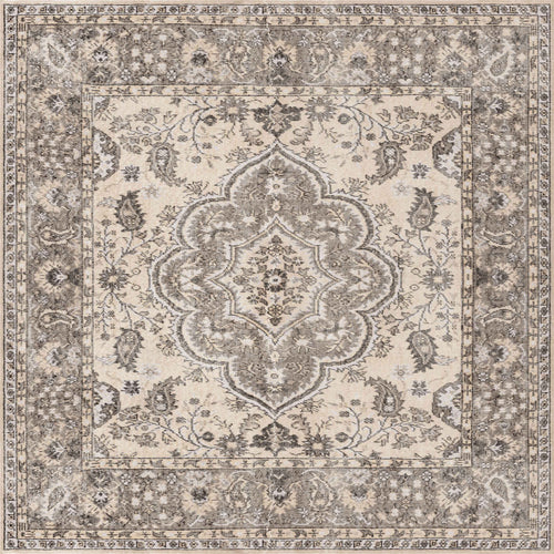 Load image 1 in gallery view. The Opulent Mirage - Washable Rug - JRN1008 (Custom Size) showcases an intricate medallion design in beige and gray, detailed borders, and symmetrical patterns for a vintage look ideal for traditional interiors.
