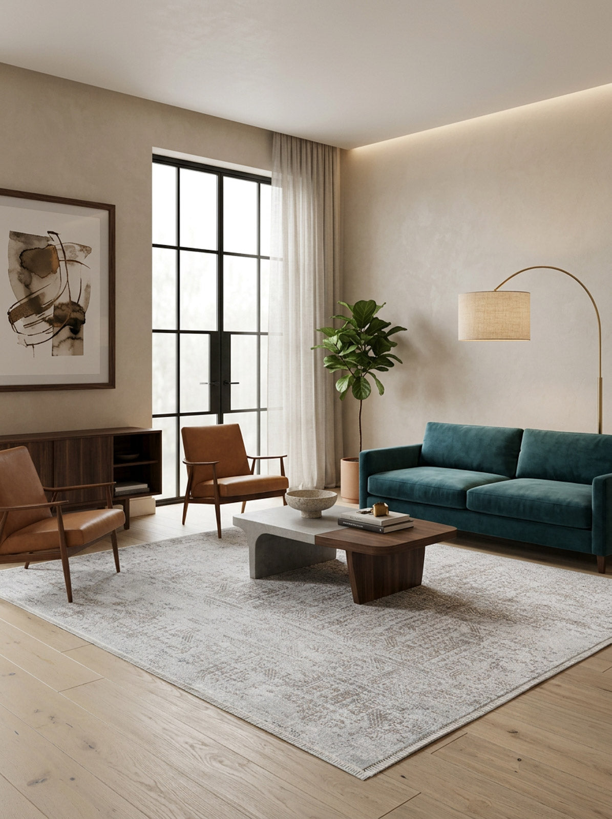 A modern living room with a teal sofa, two brown leather chairs, the Opulent Tapestry JR1775 washable rug for high-traffic areas, wooden coffee table, large plant, framed art, and sheer-curtained window filled with natural light.