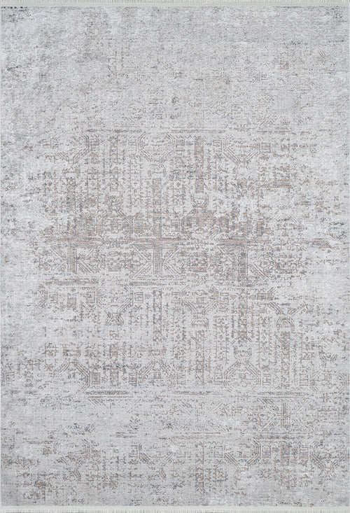 Load image 1 in gallery view. The Opulent Tapestry - Washable Rug - JR1775 (Custom Size) features a light grey flat weave with a subtle abstract geometric pattern in darker shades for a soft, textured look—perfect as a stylish, easy-care area rug.