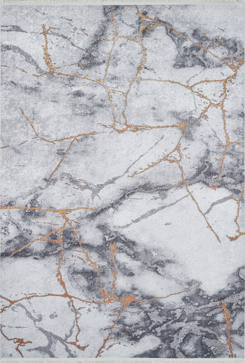 Load image 1 in gallery view. The Opulent Veins - Machine-Washable Rug JR1593 (Custom Size) features a rectangular, flat weave in gray and white with gold marble-like veining, adding modern elegance and easy-care style to any space.