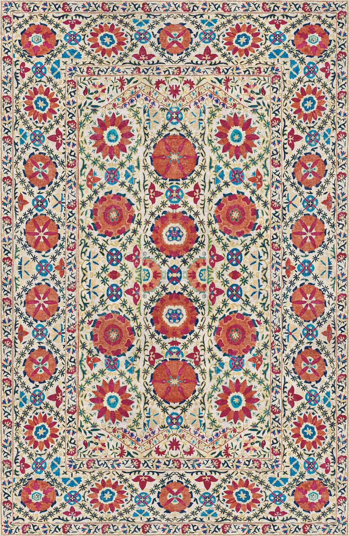 The Orient Bloom - Washable Rug - JRN1029 (Custom Size) features intricate floral and geometric patterns in red, blue, green, and orange on a cream background with symmetrical borders and medallions for timeless style and easy care.