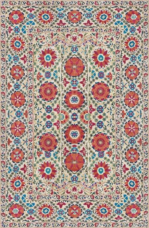 Bild 1 in Galerieansicht laden. The Orient Bloom - Washable Rug - JRN1029 (Custom Size) features intricate floral and geometric patterns in red, blue, green, and orange on a cream background with symmetrical borders and medallions for timeless style and easy care.