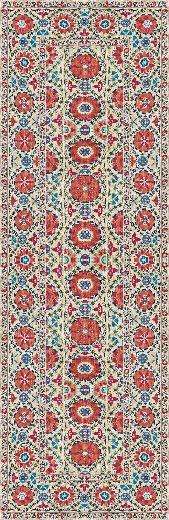 The Orient Bloom - Washable Rug - JRN1029 (Custom Size) features a complex geometric pattern with red, blue, and gold motifs, central medallions, and a floral border on a cream background. Symmetrical, intricately detailed, and easy to maintain.