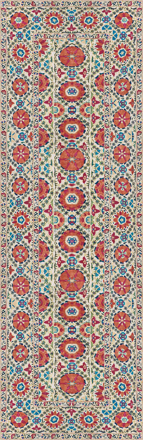 Bild 1 in Galerieansicht laden. The Orient Bloom - Washable Rug - JRN1029 (Custom Size) features a complex geometric pattern with red, blue, and gold motifs, central medallions, and a floral border on a cream background. Symmetrical, intricately detailed, and easy to maintain.