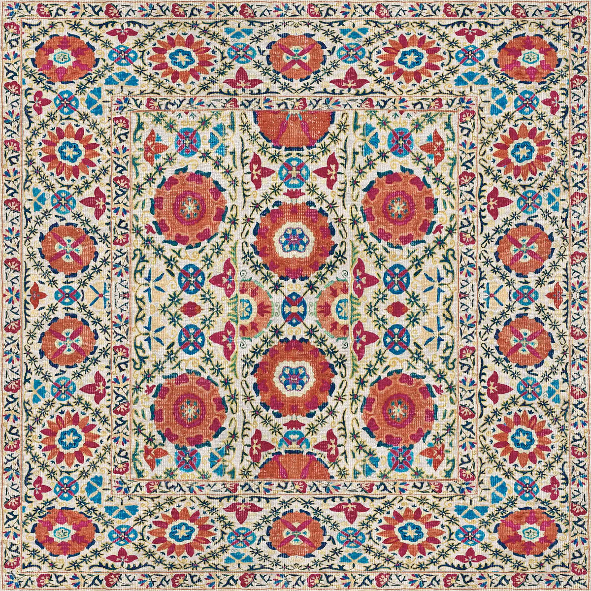 The Orient Bloom - Washable Rug - JRN1029 features colorful, intricate floral and geometric patterns in red, blue, green, and yellow on cream with a bordered motif—durable for high-traffic areas and easy to clean.