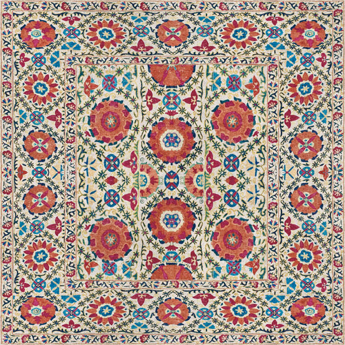 Bild 1 in Galerieansicht laden. The Orient Bloom - Washable Rug - JRN1029 features colorful, intricate floral and geometric patterns in red, blue, green, and yellow on cream with a bordered motif—durable for high-traffic areas and easy to clean.
