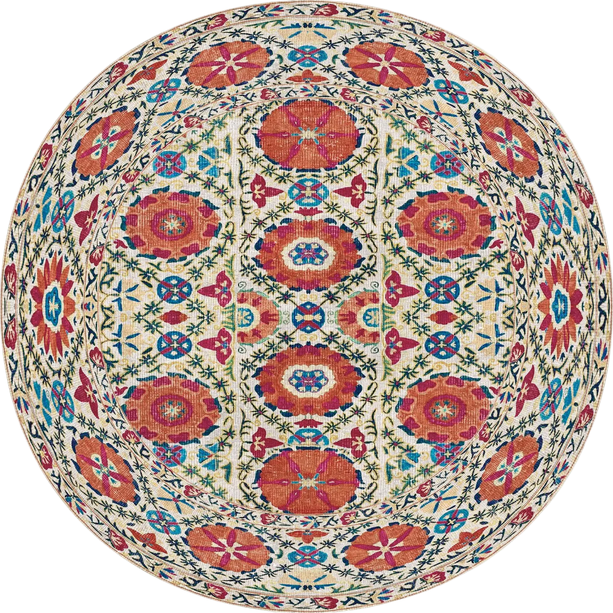 The Orient Bloom - Washable Rug (JRN1029) features a kaleidoscopic floral pattern in vibrant red, orange, and blue with green vines on cream. Its symmetrical, washable design suits high-traffic and allergy-sensitive spaces.