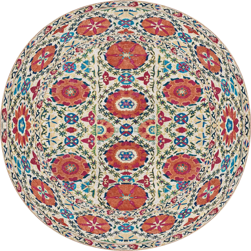 Bild 1 in Galerieansicht laden. The Orient Bloom - Washable Rug (JRN1029) features a kaleidoscopic floral pattern in vibrant red, orange, and blue with green vines on cream. Its symmetrical, washable design suits high-traffic and allergy-sensitive spaces.