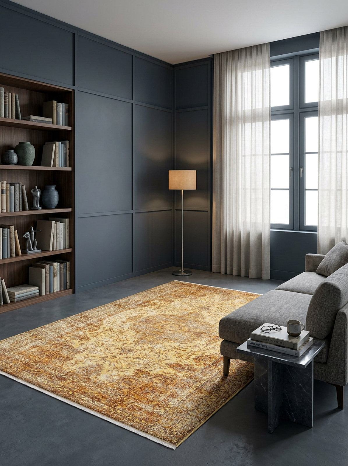 Distressed gold and brown traditional medallion rug in a dark-walled living room with a grey sofa and bookshelf.