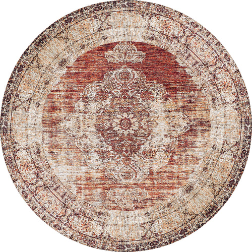Load image 1 in gallery view. The Ornate Grace - Washable Rug - JR1009 is a round, vintage-style rug with a central medallion, ornate border patterns, distressed finish, and shades of red, beige, cream, bronze, and brown—perfect for high-traffic areas.