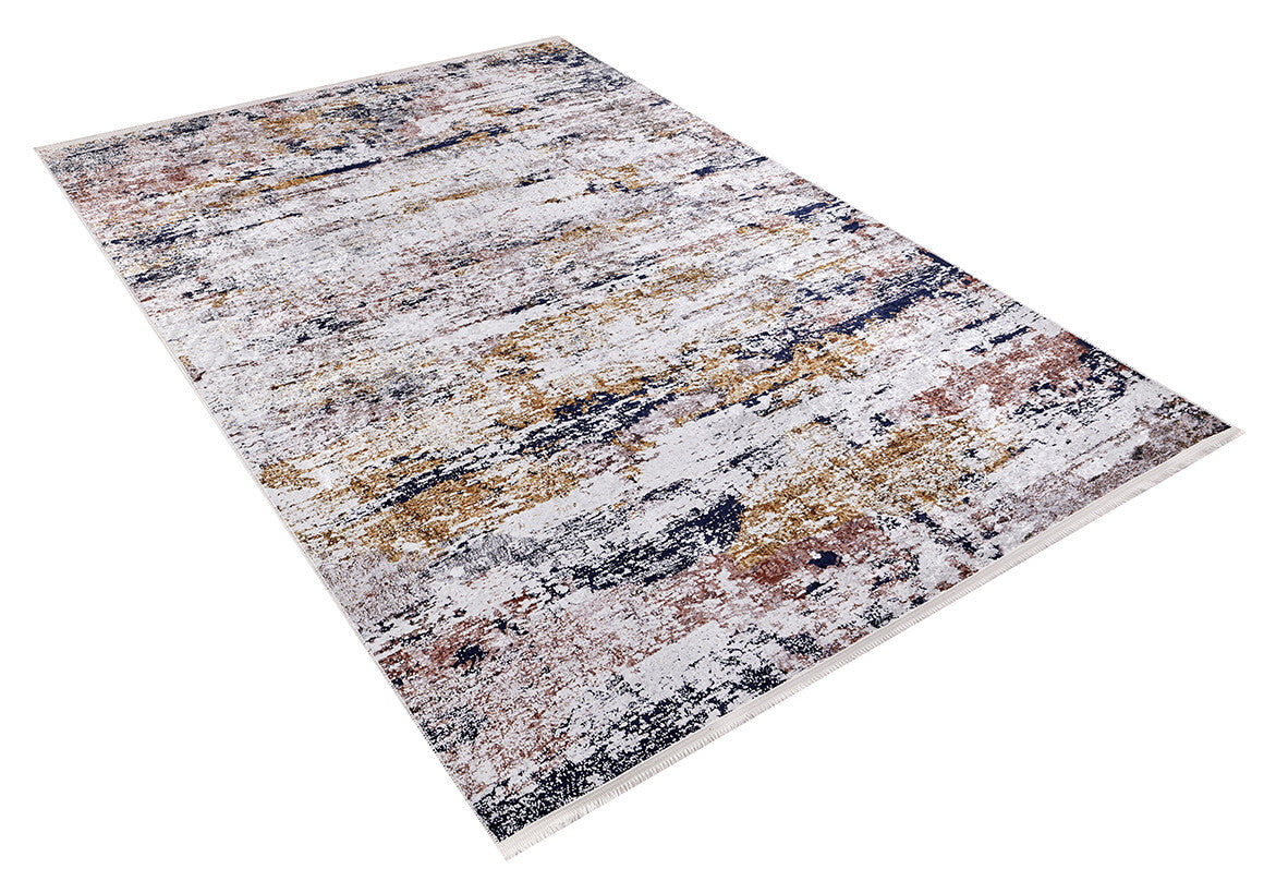 The Painted Dreams - Washable Rug - JR432 (Custom Size) features a distressed abstract pattern in white, gold, navy blue, and rust. Photographed at an angle for a 3D effect, this rug is washable and ideal for high-traffic areas.