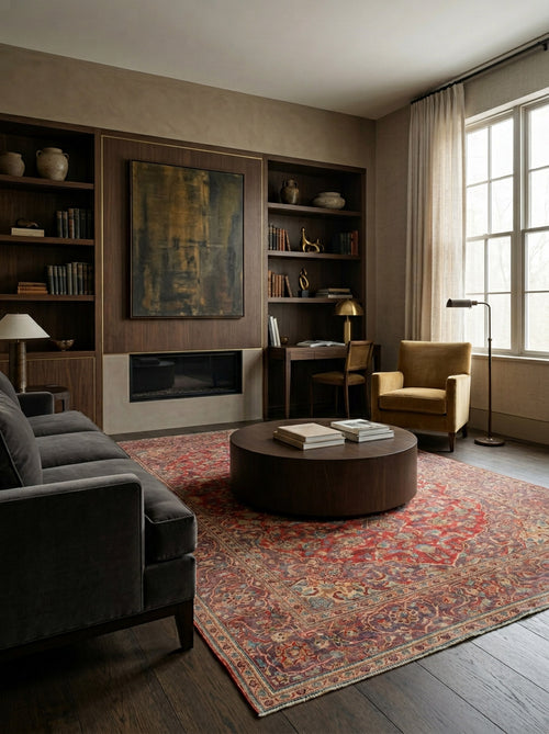 Load image 1 in gallery view. Red and blue traditional Persian-style rug with a central medallion, styled in a dark-toned living room.