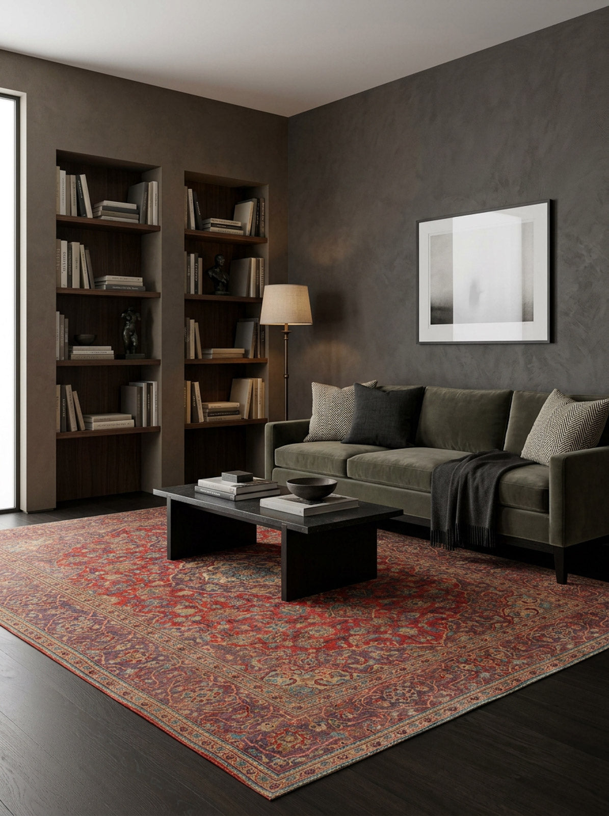 Red and blue traditional medallion rug with a distressed finish, styled in a dark-toned modern living room.