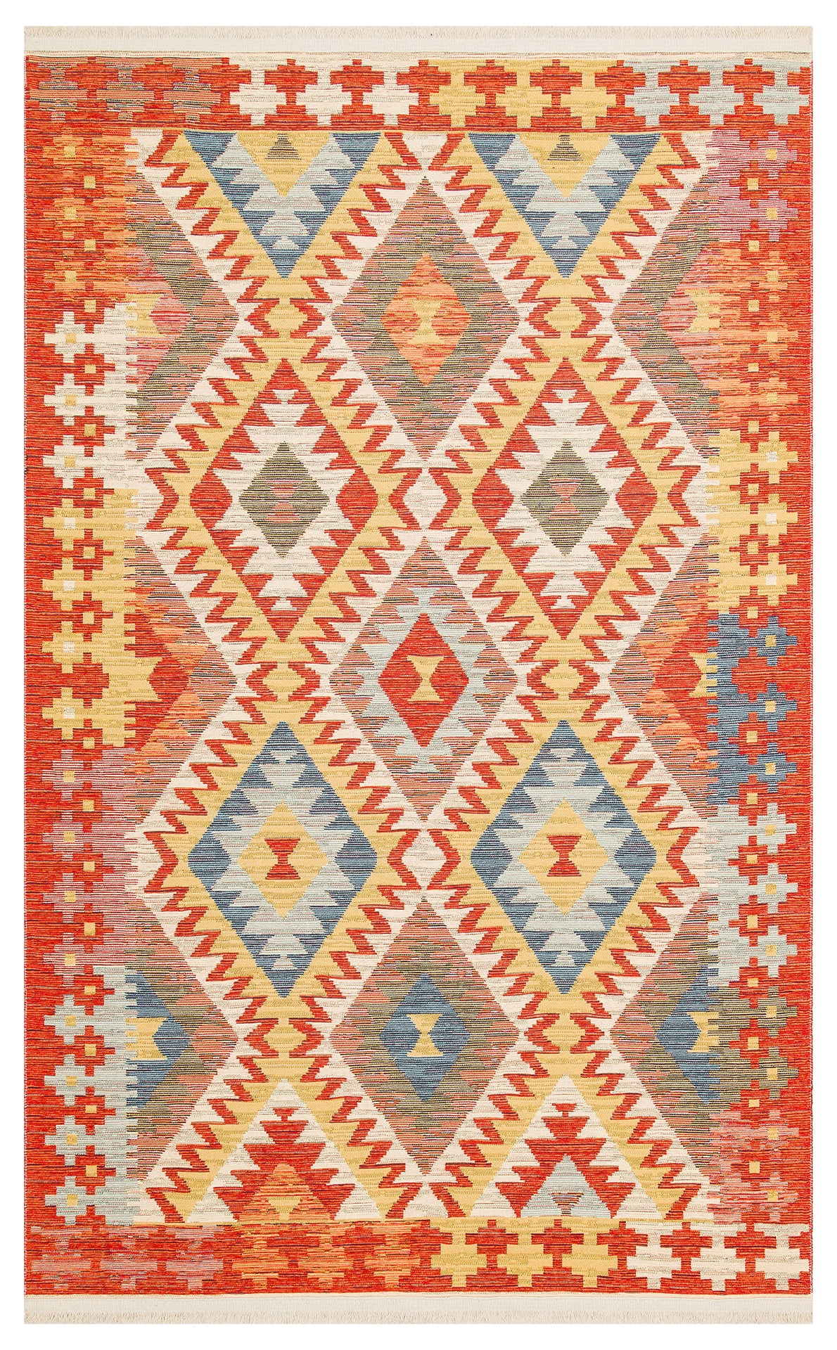 Pastel Grid - Washable Reversible Kilim - NMD09 featuring geometric patterns in red, yellow, blue, and beige with diamond shapes and zigzag motifs in a symmetrical, colorful Southwestern design.